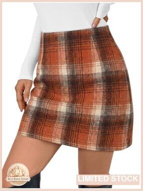 Plaid Mini Skirt High Waisted Bodycon Polyester Fall Winter